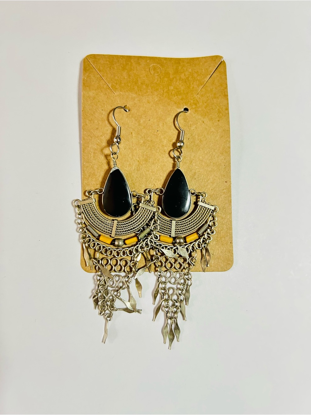 VTG Black Agate Teardrop Silver Tone Gypsy Boho Ethnic Earrings